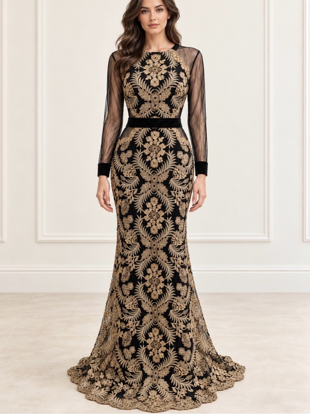 Tadashi Shoji Black & Gold Lace-Embroidered Sheer-Sleeve Gown